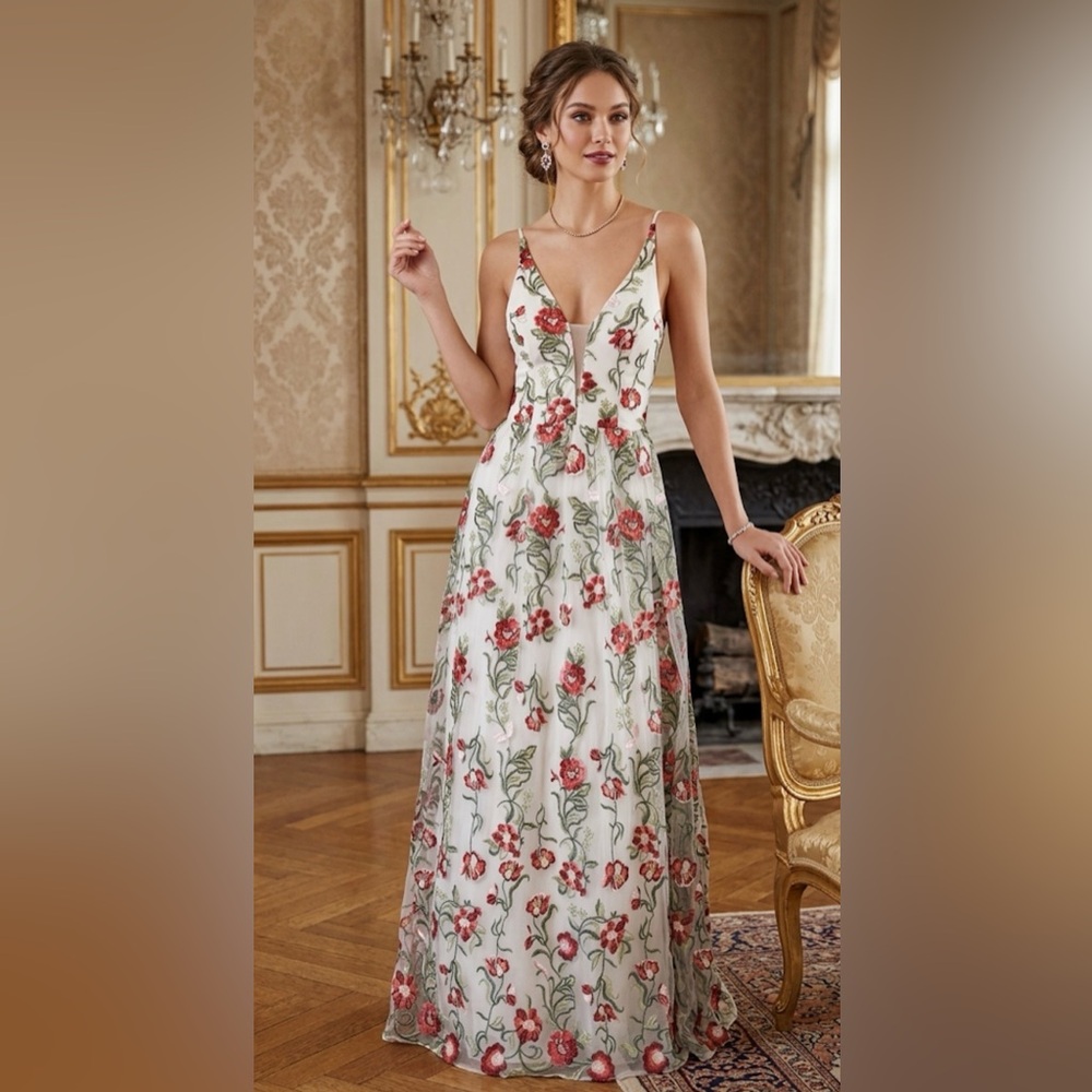 City Studio Floral Embroidered V-Neck Maxi Gown White Red 9 8637-JK6B
